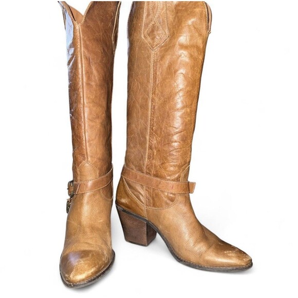 Vintage Cowboy Boots Distressed Brown Leather Buckles Knee High Heel Woman's  10 - Picture 2 of 8